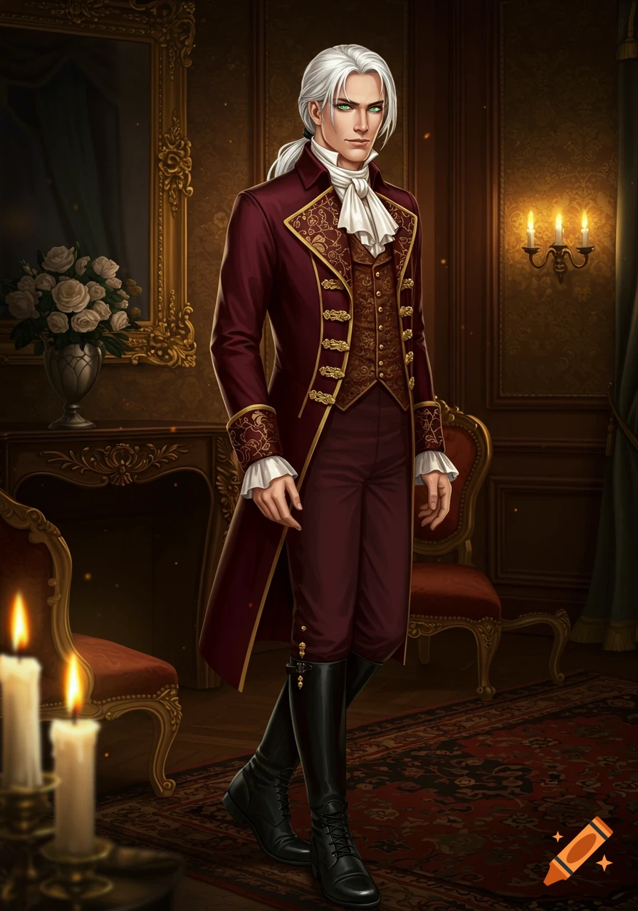 A man with long white hair and emerald green eyes in 19th-century Victorian clothing stands in an opulent room.