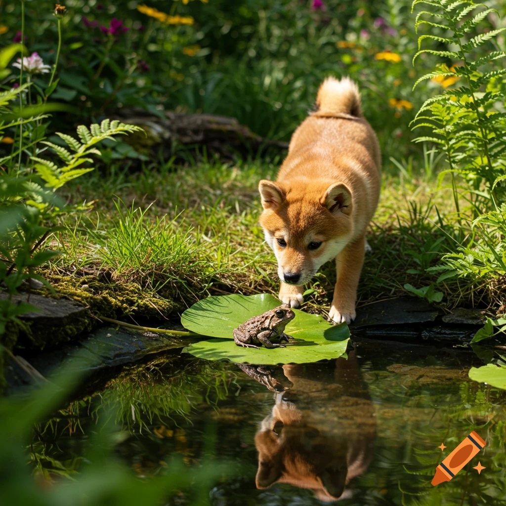A small, light brown Shiba Inu puppy leans down to look at a frog sitting on a green lily pad in a pond.