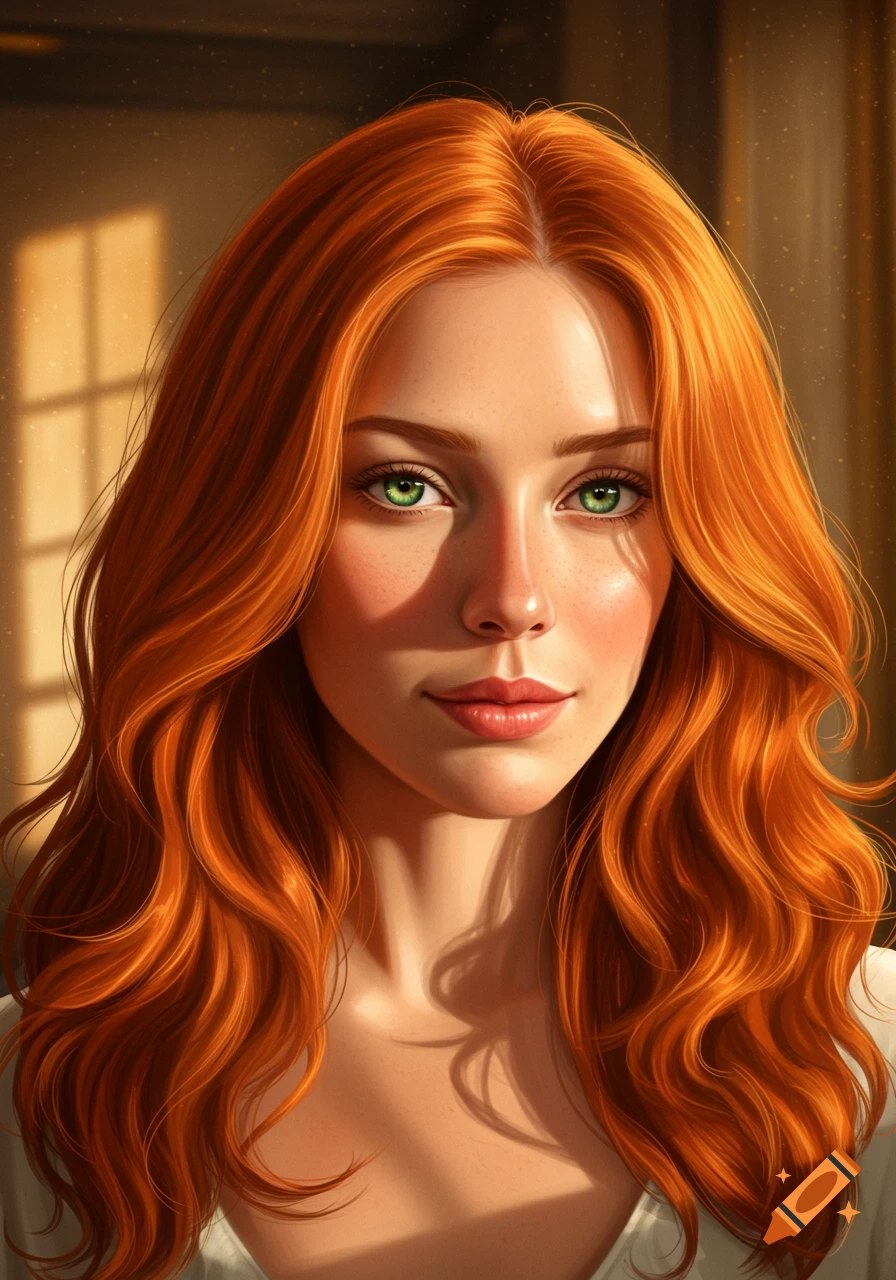 Photorealistic portrait of a young red-headed woman with emerald eyes and freckles, bathed in warm sunlight.