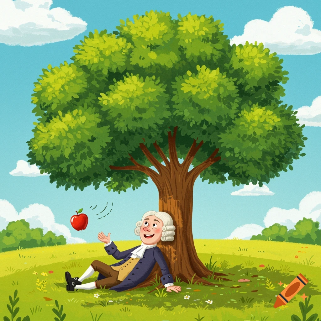 A friendly cartoon illustration of Isaac Newton sitting under an apple tree as a red apple falls towards his head.