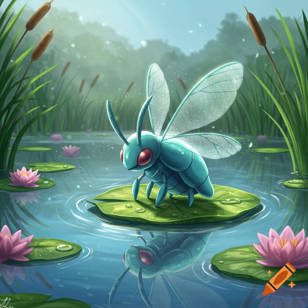 A teal, winged, bug-like Pokemon with red eyes stands on a lily pad in a serene pond surrounded by pink water lilies and tall green reeds.