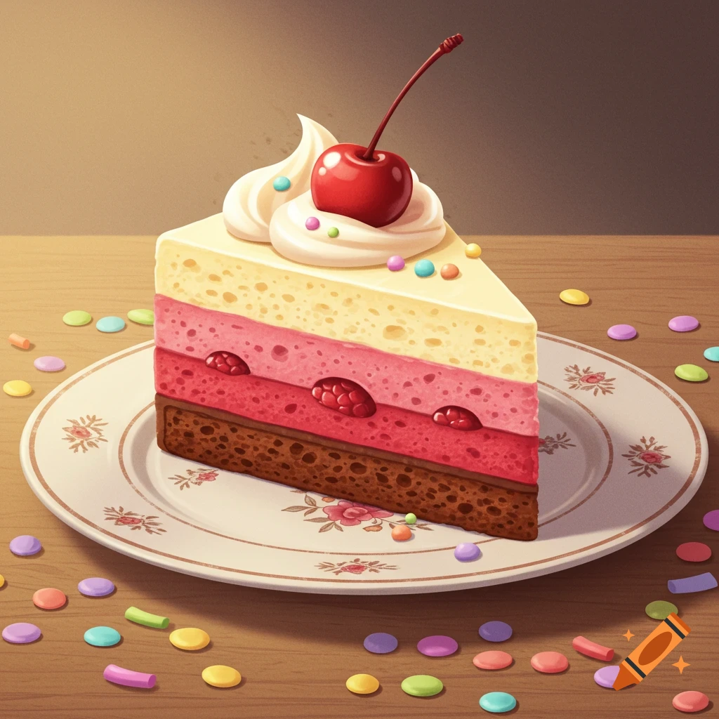 A colorful slice of layered cake topped with whipped cream, a cherry, and sprinkles, resting on a floral plate on a wooden table.