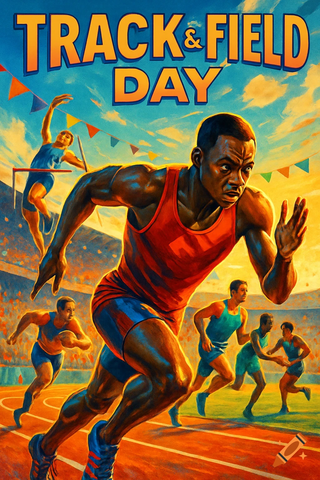 A vibrant, stylized poster showing a track and field day with runners and a high jumper under text 'TRACK & FIELD DAY'.