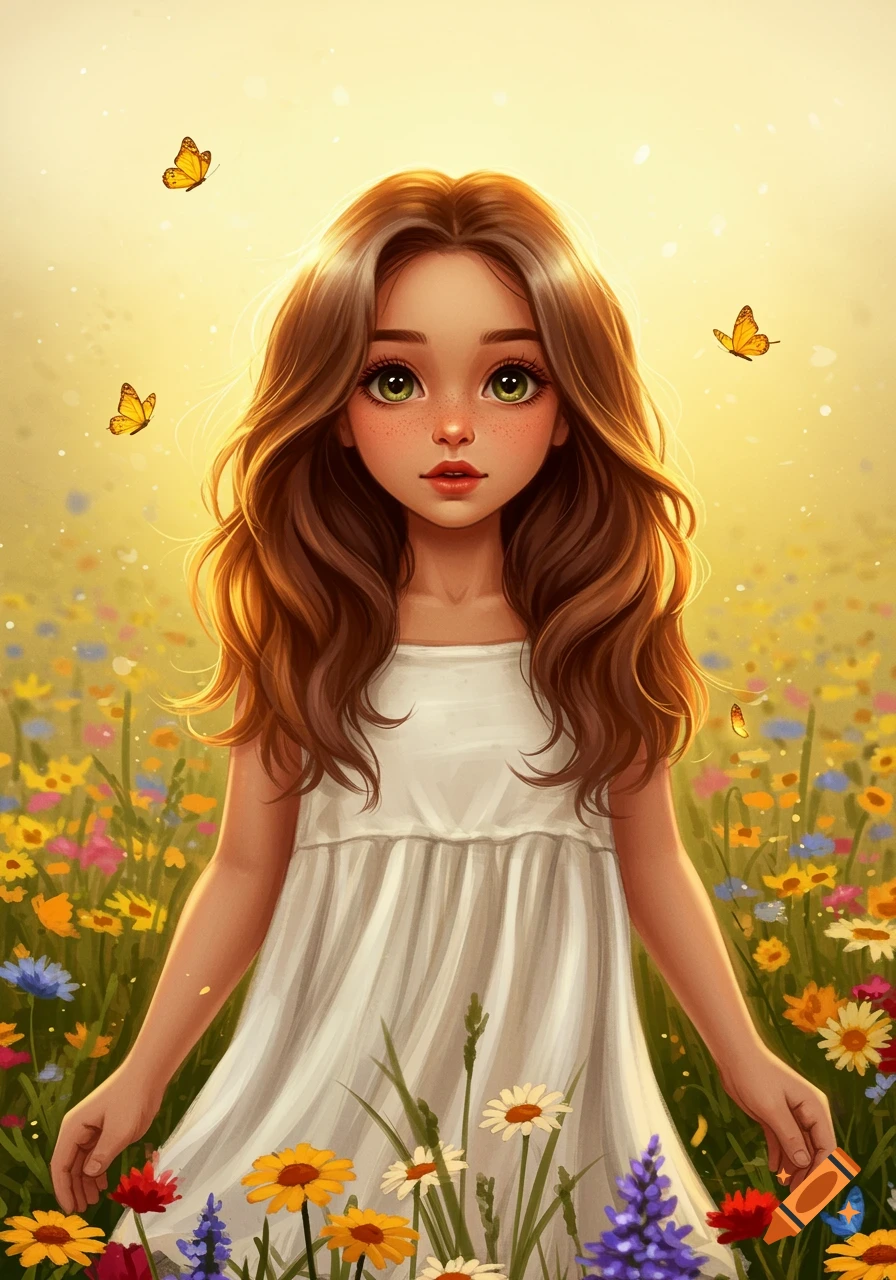 An illustration of a young girl with long brown hair and green eyes ...
