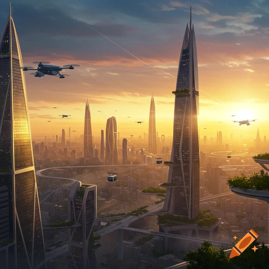 A vibrant futuristic cityscape at sunrise, with towering modern skyscrapers, winding elevated roads, cable cars, and drones flying in the golden sky.