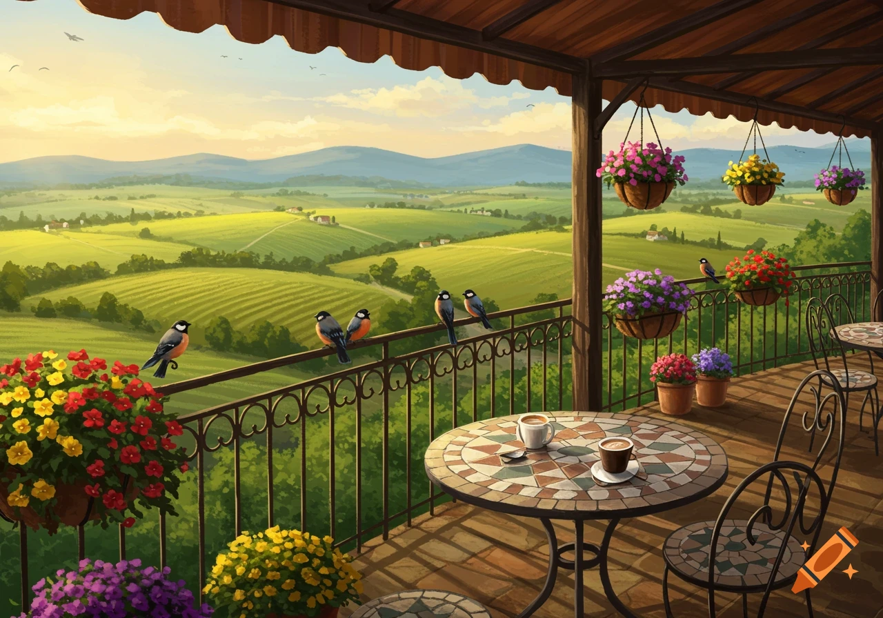 A beautiful oil painting of a balcony overlooking a lush green valley with rolling hills, birds on the railing, colorful flowers, and two cups of coffee on a mosaic table.
