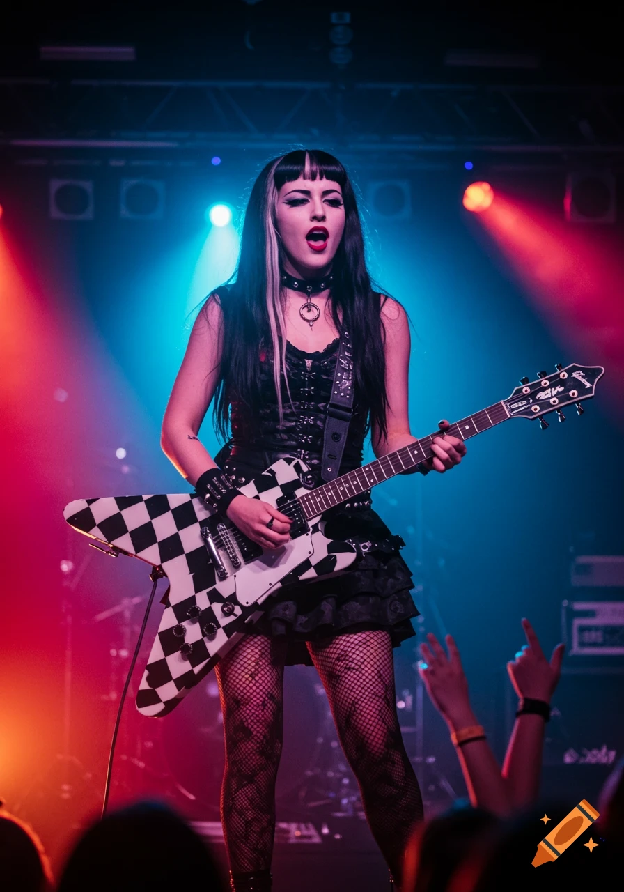 A goth-style woman with black hair and a white streak plays a checkerboard V-style electric guitar on stage under red and blue lights.