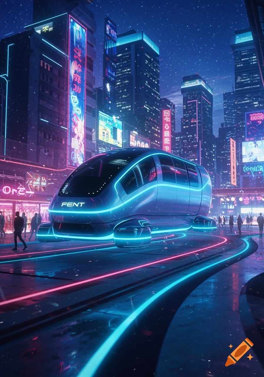 A sleek, glowing blue futuristic vehicle hovers over a neon-lit street in a bustling cyberpunk city at night.