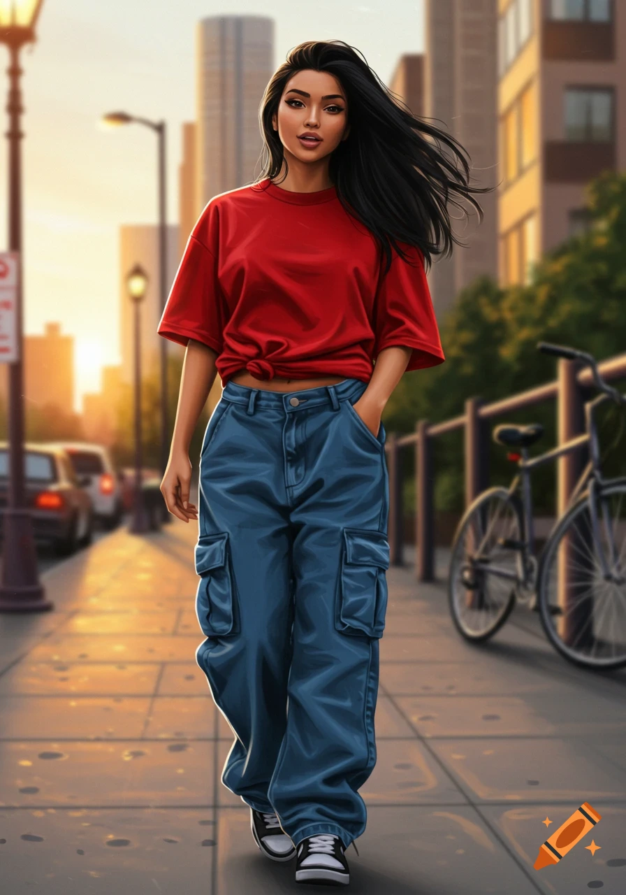 A young woman with long black hair walks on a city sidewalk at sunset, wearing a red oversized t-shirt and blue cargo pants. Digital art.