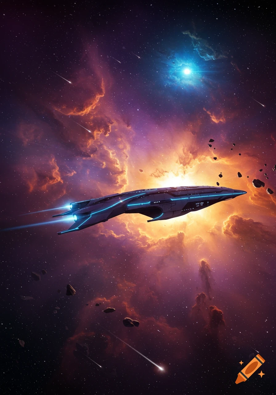 A futuristic spaceship flies through a vibrant orange and purple nebula with stars and asteroids.