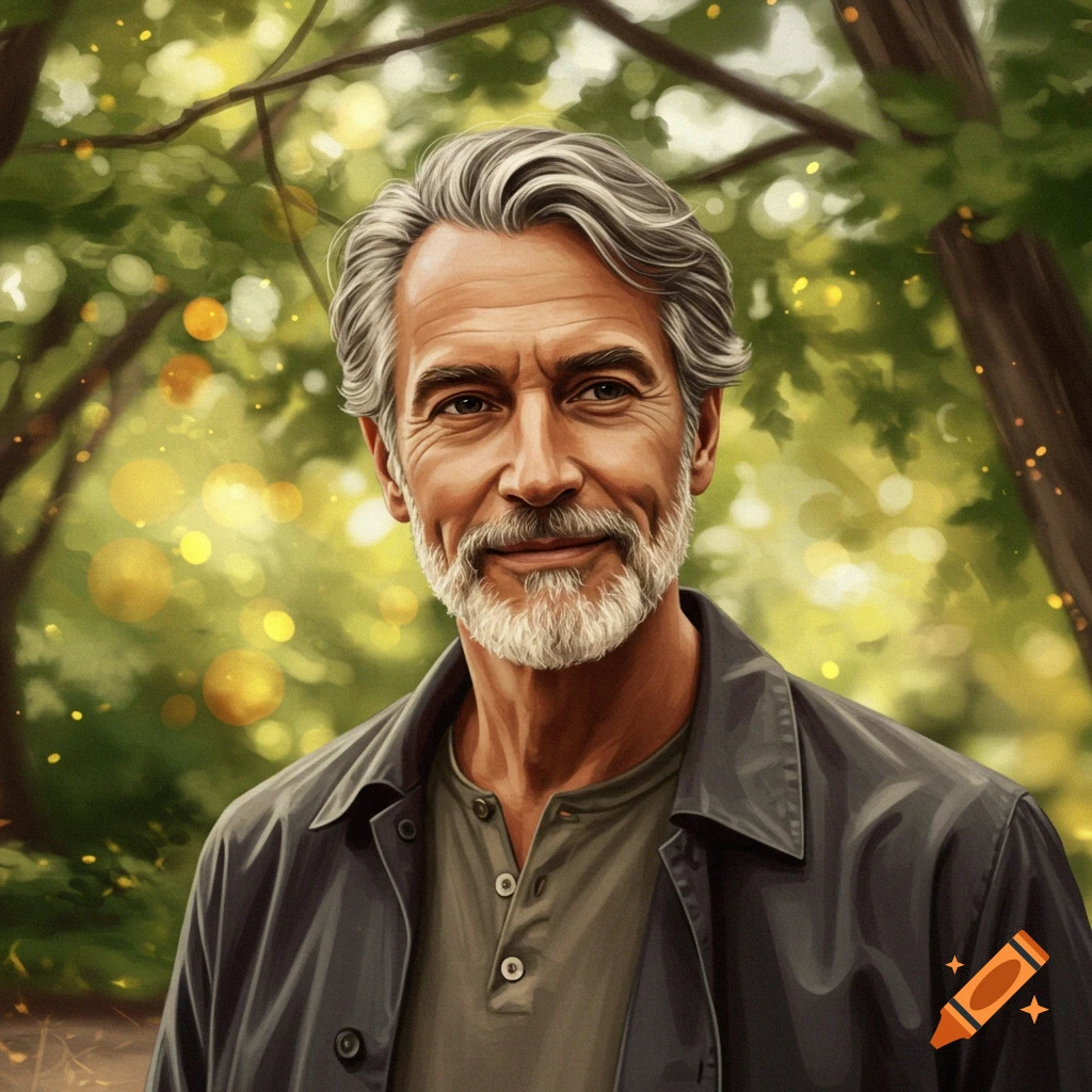 A smiling older man with grey hair and beard, wearing a dark jacket, stands in a sun-dappled green forest.
