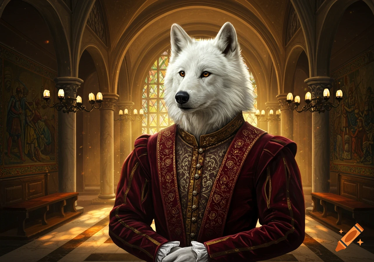 A white wolf wearing a red and gold Renaissance suit stands in a grand, ornate hall with stained glass and chandeliers.