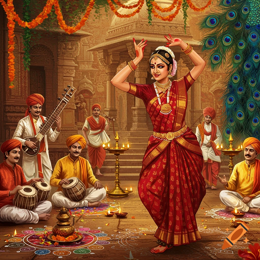 A vibrant illustration of a traditional Indian dancer performing in a temple courtyard, surrounded by musicians and festive decorations.
