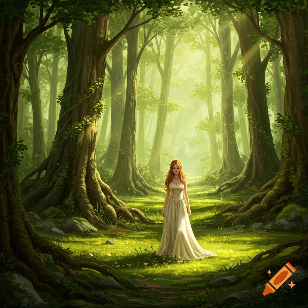 A beautiful woman in a long white dress stands in a vibrant, sunlit forest clearing.