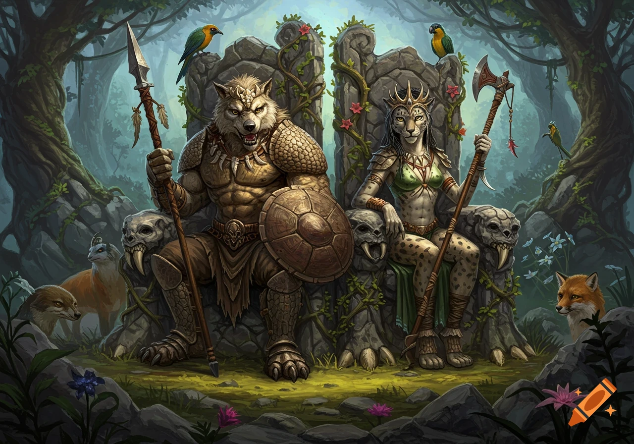 An epic fantasy illustration of an anthropomorphic wolf king and cheetah queen on skull thrones in a lush forest.