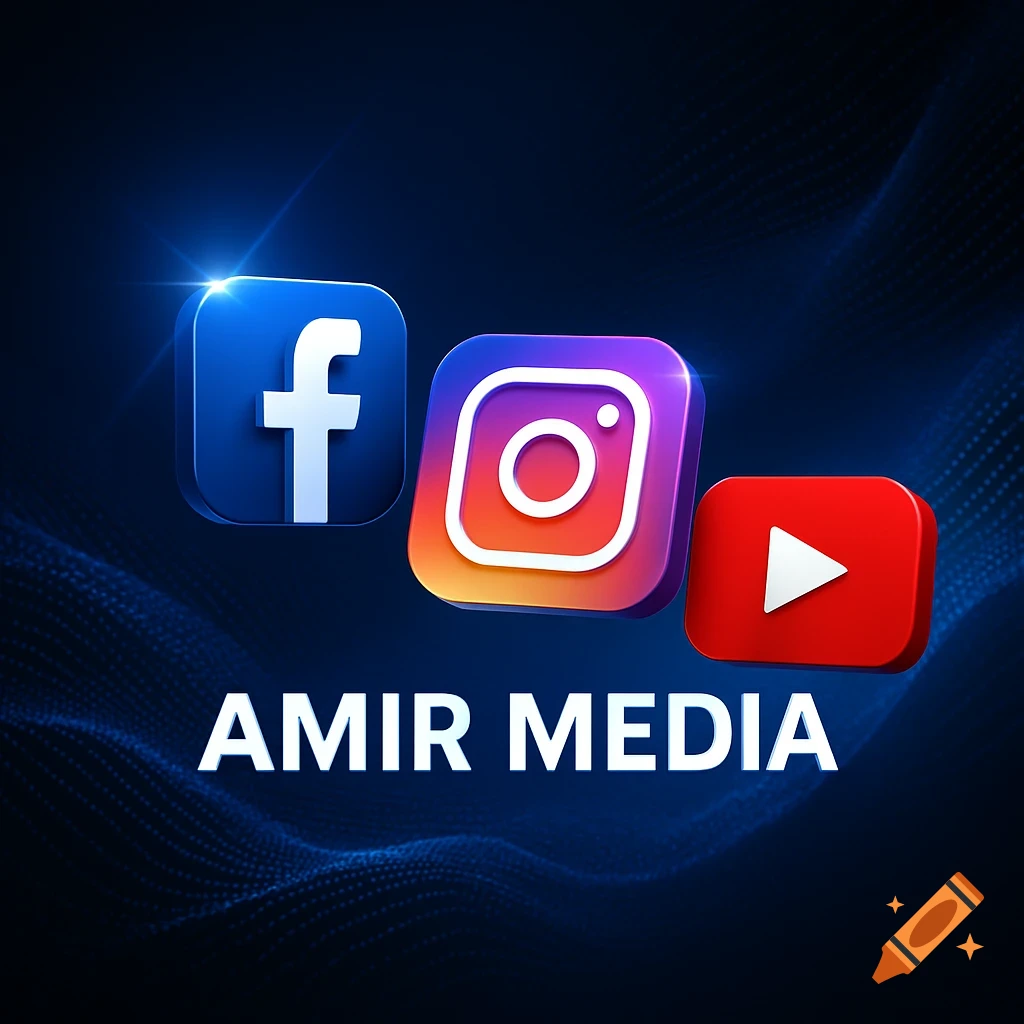 3D rendered Facebook, Instagram, and YouTube logos above the text 'AMIR MEDIA' on a dark blue background.