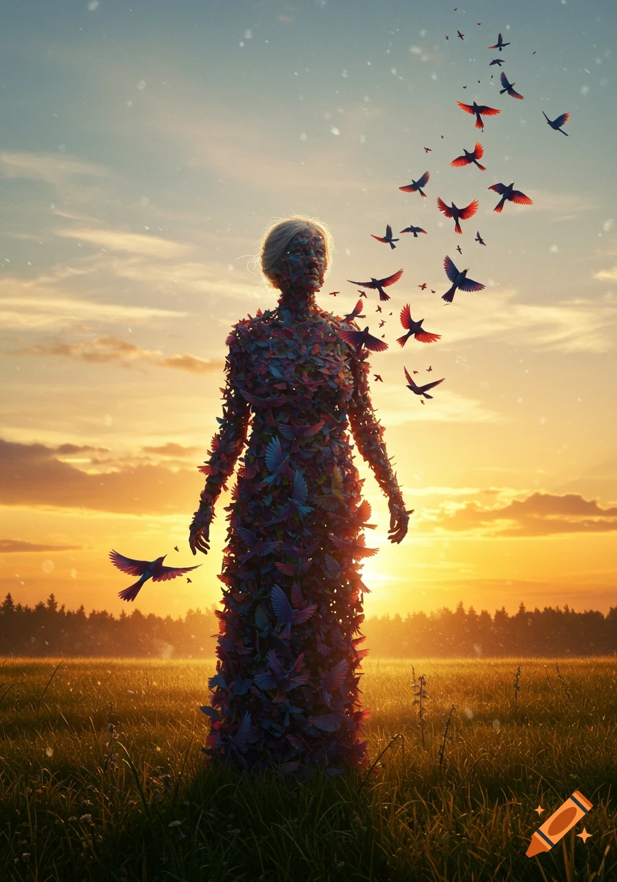 A surreal image of a woman made of birds standing in a golden field at sunset, with birds flying from her.