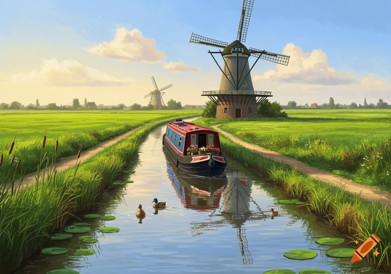 A narrow boat on a canal with green fields, two windmills, and ducks, painted in a picturesque style.
