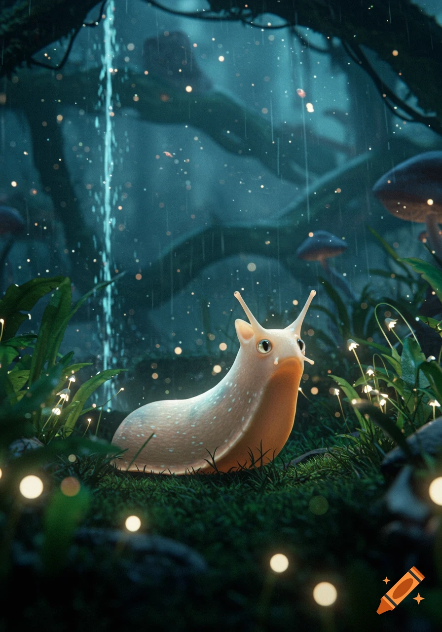 A cute slugcat creature sits in a magical forest at night with glowing plants and falling rain.
