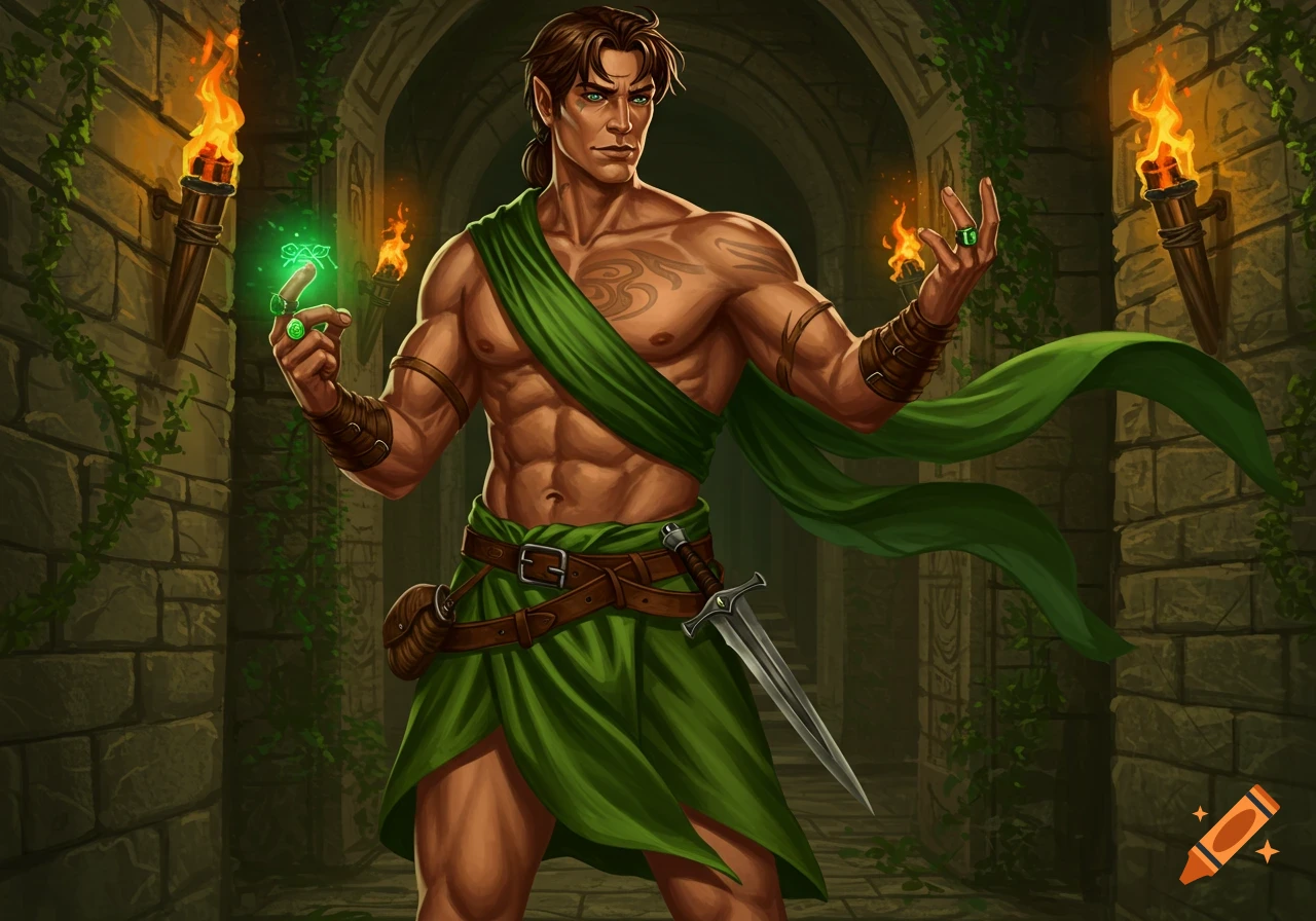 A confident D&D style elf-like man in a green loincloth stands in a torchlit stone dungeon, holding green glowing magic.