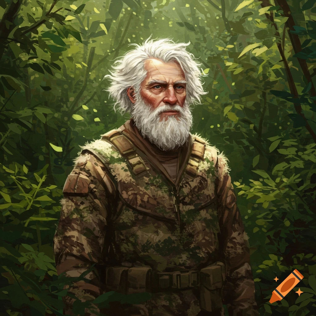 A portrait of an old man with messy white hair and a white beard, wearing a camouflage uniform in a jungle.