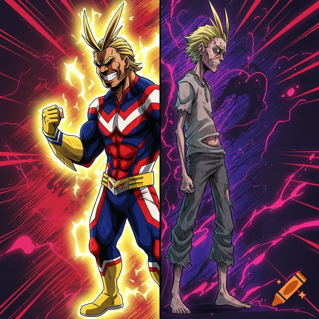 Anime illustration of All Might in his muscular powered-up form flexing next to his emaciated powered-down form.