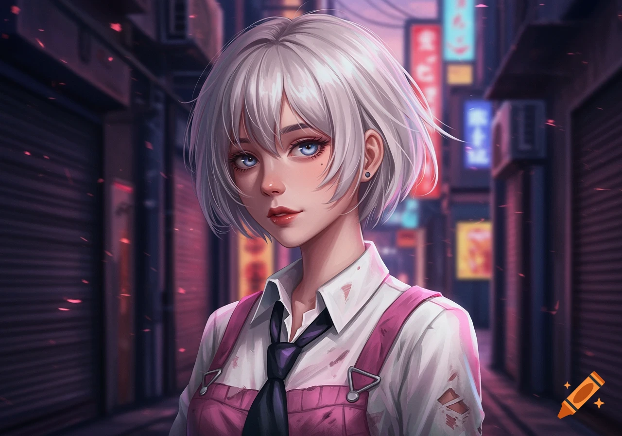Anime portrait of a girl with short white hair and blue eyes, wearing a white shirt and pink overalls, standing on a neon-lit city street.