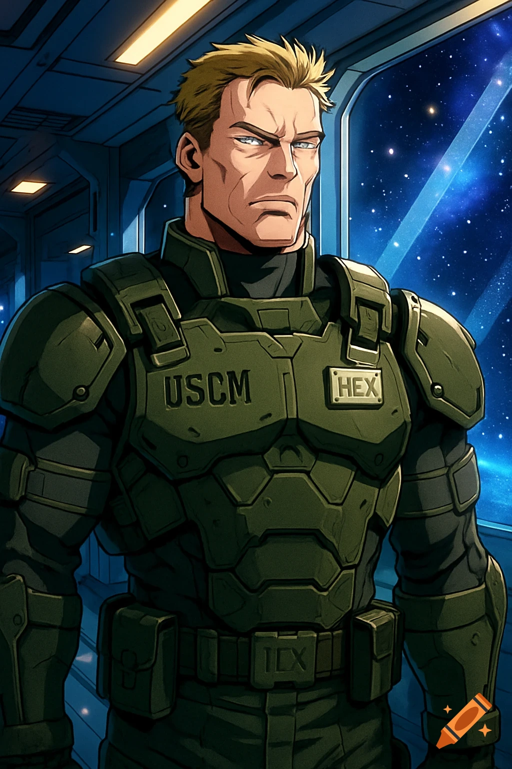 Anime style image of a stern man in green USCM body armor in a space station, looking out a window at stars.
