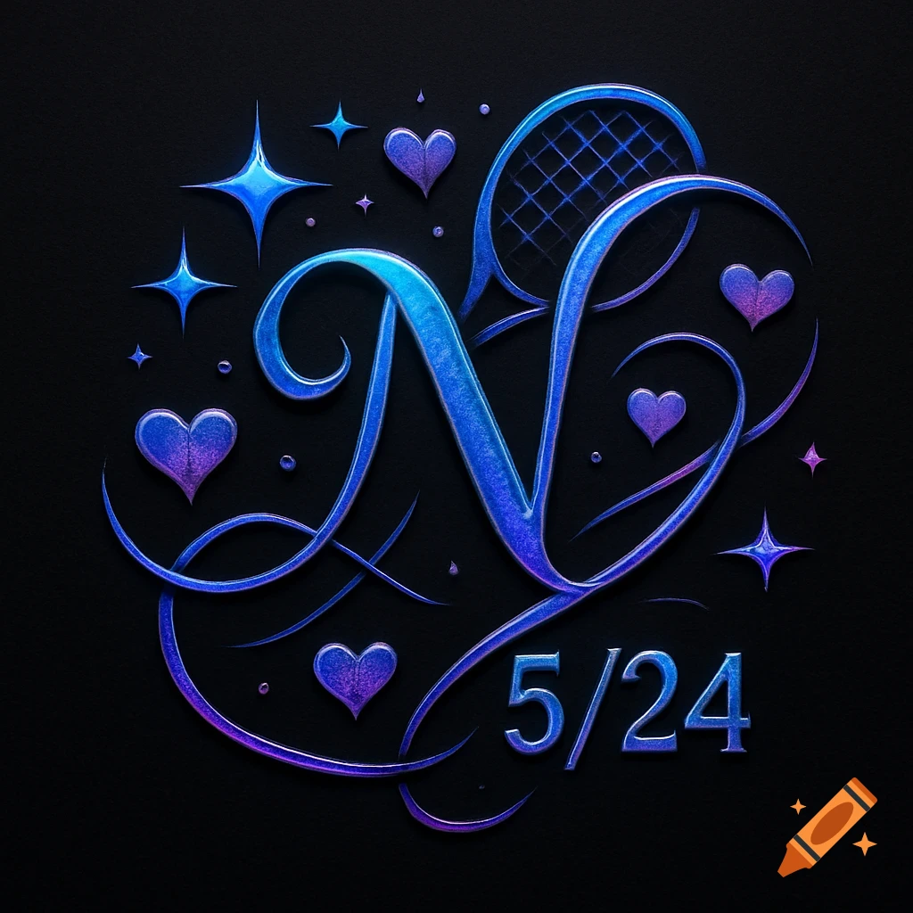 Stylized blue and purple glittery letter N logo with hearts, stars, a tennis racket, and the date 5/24 on a black background.