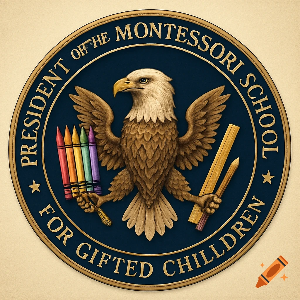 A gold and dark blue presidential seal featuring a bald eagle holding crayons and a ruler with pencil, with text 'President of the Montessori School for Gifted Children'.
