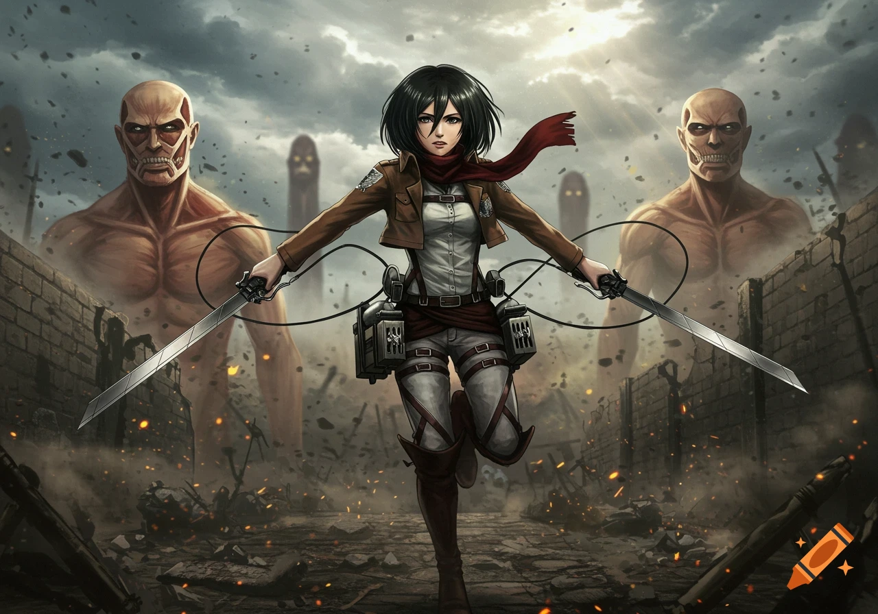 Mikasa from Attack on Titan stands ready for battle with two swords, surrounded by colossal titans in a ruined city.