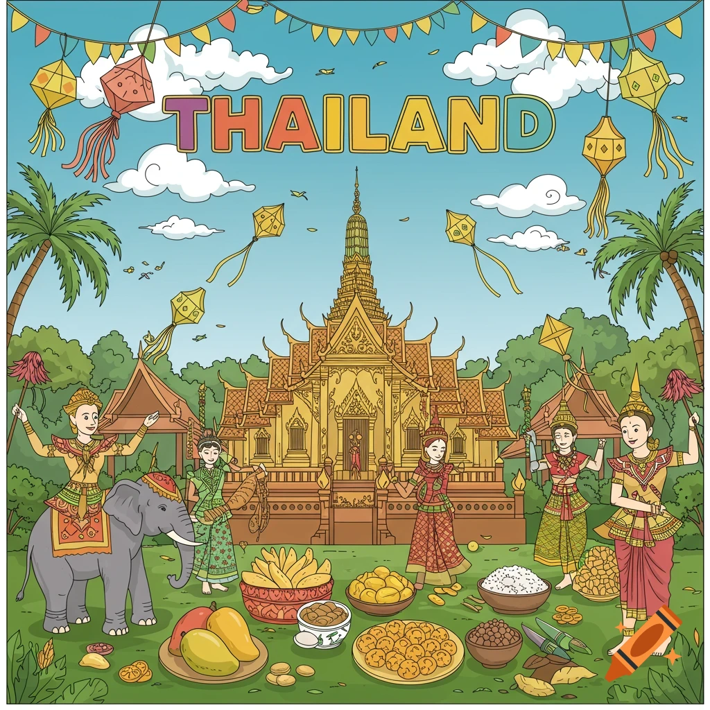 Cartoon illustration of a Thai temple scene with people in traditional clothing, an elephant, food, and kites under the word THAILAND.