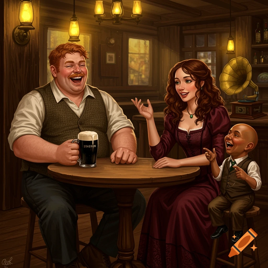 A red-haired man, a woman, and a child laugh at a wooden table in a dimly lit, cozy tavern, rendered in a detailed painted style.