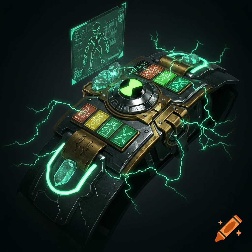 A detailed sci-fi arm guard featuring a green glowing symbol, ancient runes, brass, and chrome, with sparking green electricity and a hologram displaying an alien outline.