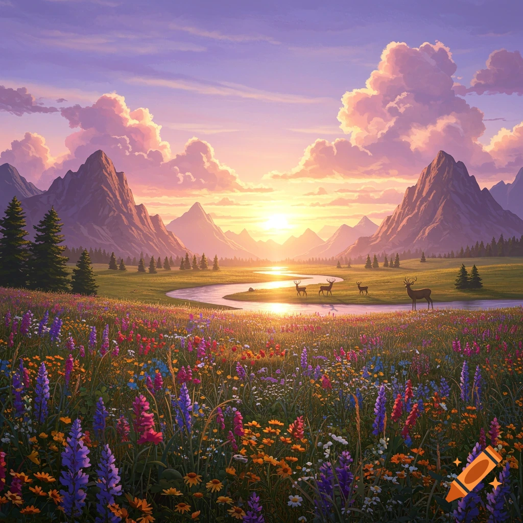 A vibrant, dreamlike landscape with purple mountains, a river reflecting the sunset, a field of colorful wildflowers, and deer.