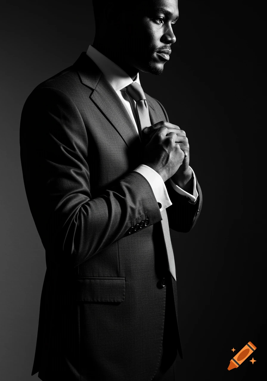 A high-contrast black and white portrait of a man in a tailored suit adjusting his tie.