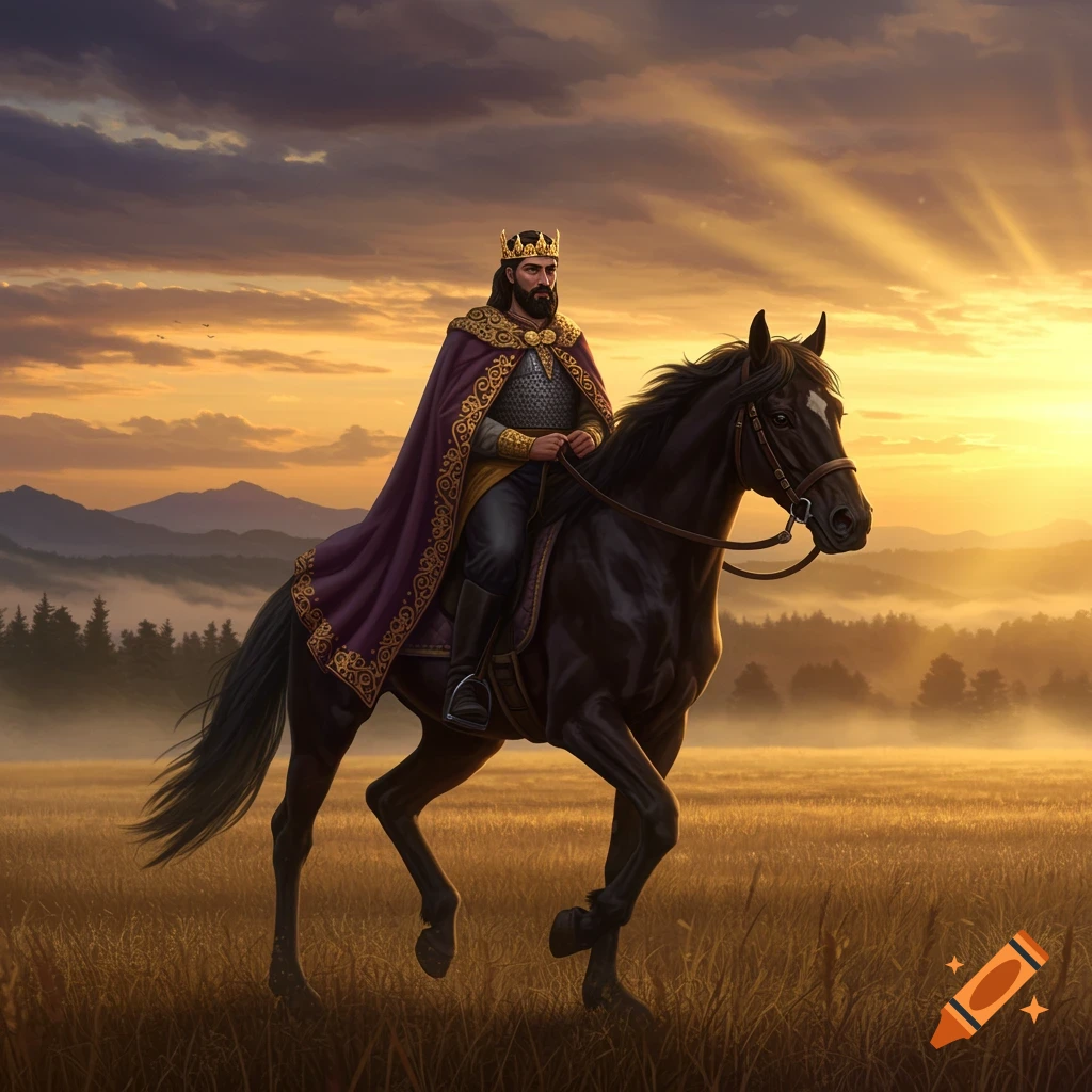 A majestic king in a purple and gold cloak rides a black horse through a sunlit field at sunset, with mountains in the background.