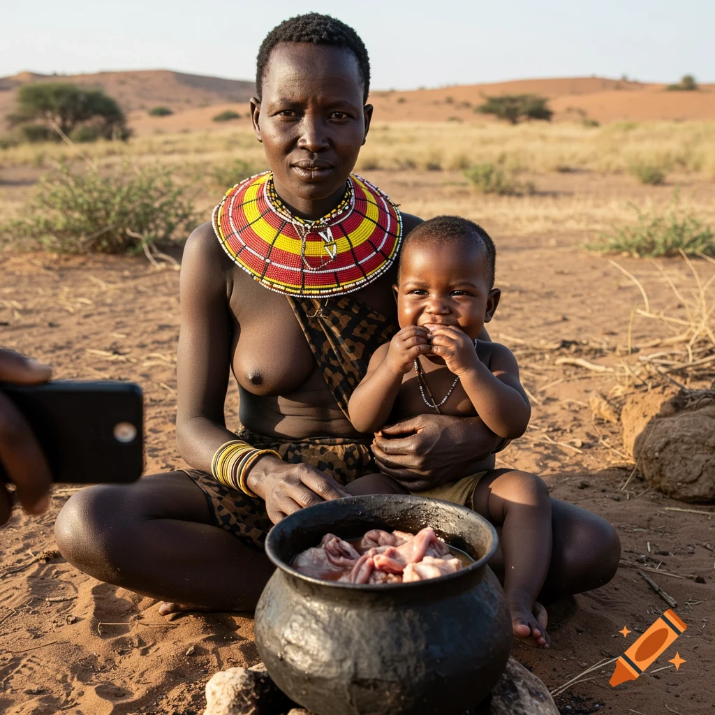 An African woman wearing a traditional beaded collar sits in a desert with a baby on her lap, a pot of raw meat in front.