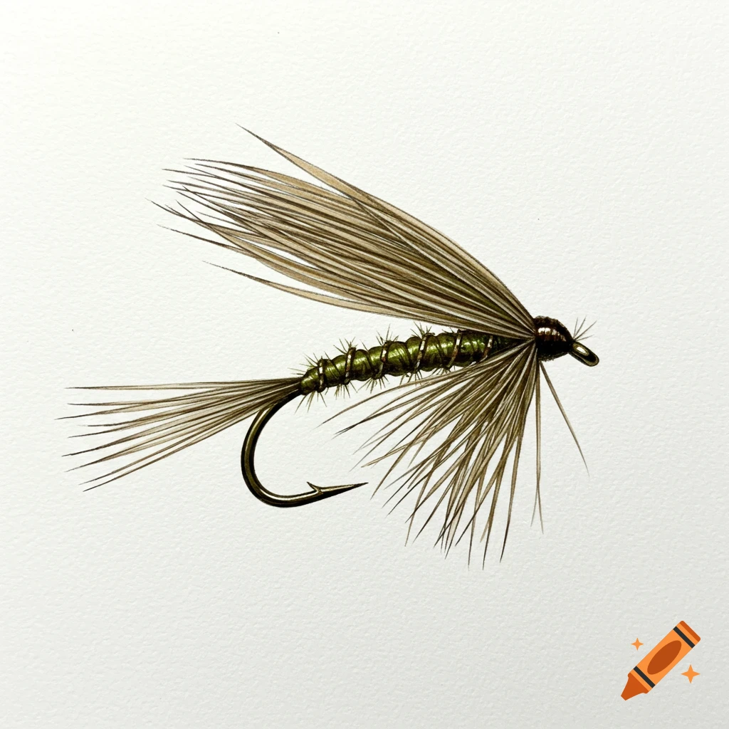 A detailed close-up of an elk hair caddis dry fly on a white background.