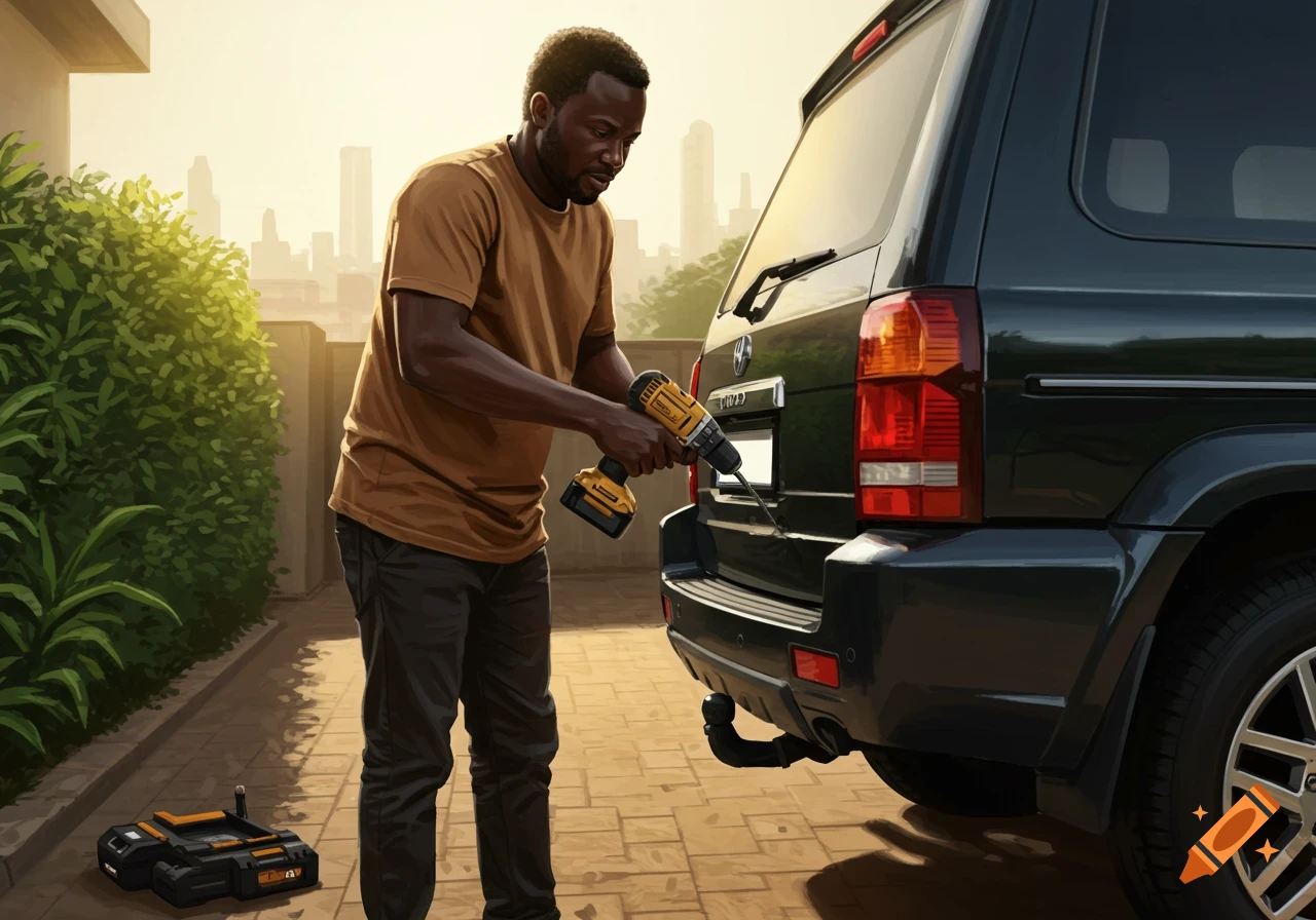 A man in a brown shirt and dark pants uses a power drill to install a license plate on the back of a dark SUV on a sunny day.