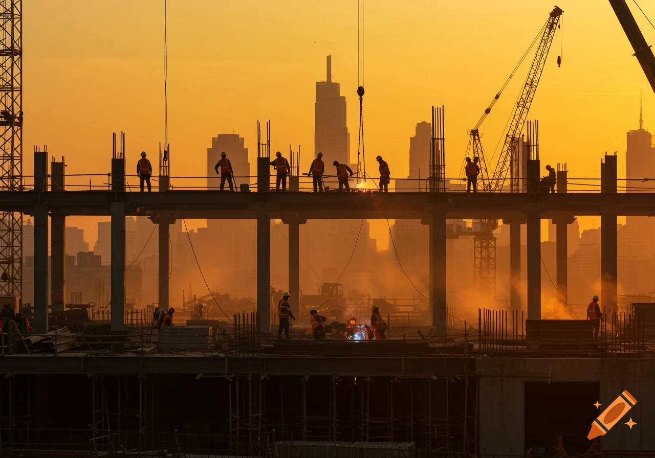 Photorealistic image of construction workers on a building frame against a dramatic orange sunset skyline.