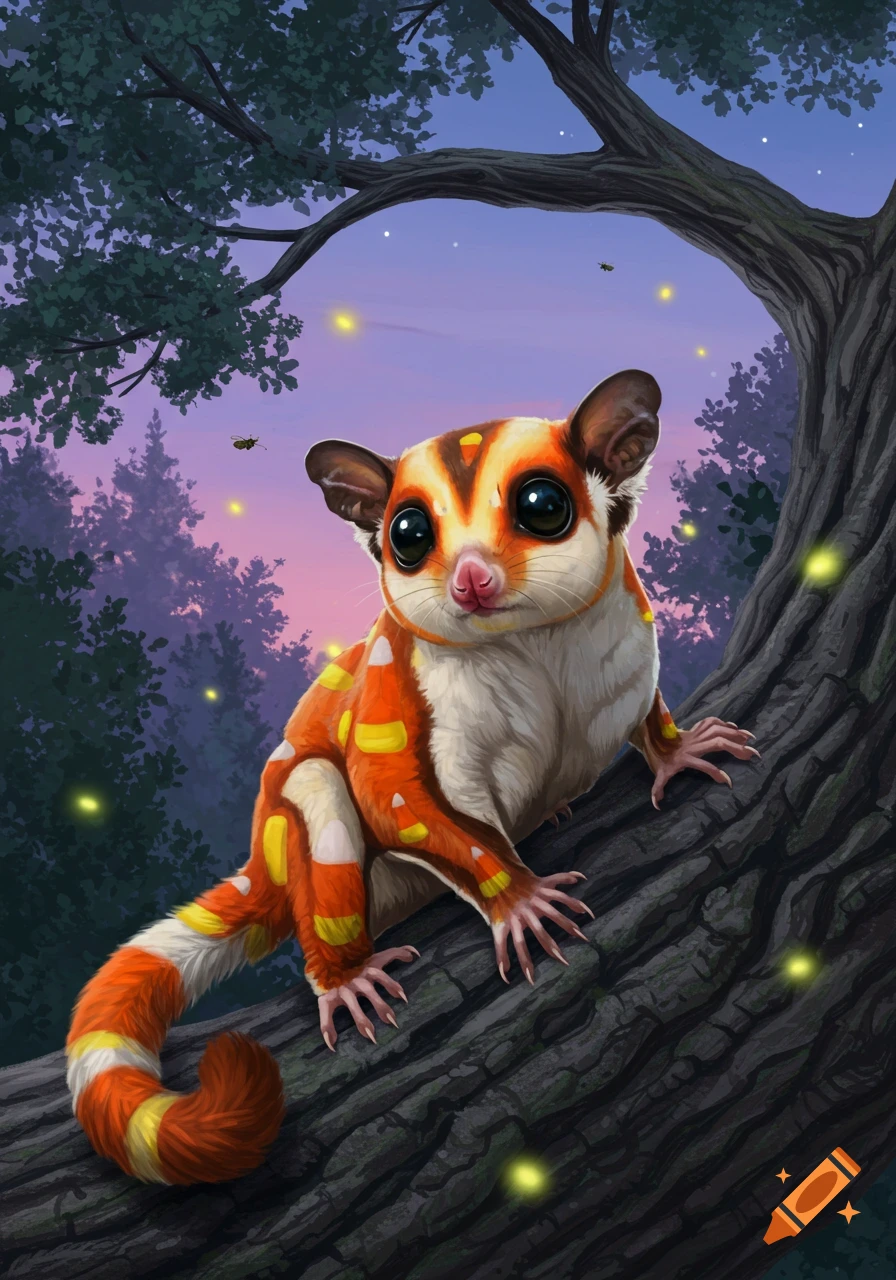 A cute sugar glider with white and orange fur patterned like candy corn climbs a tree at dusk, surrounded by glowing fireflies.