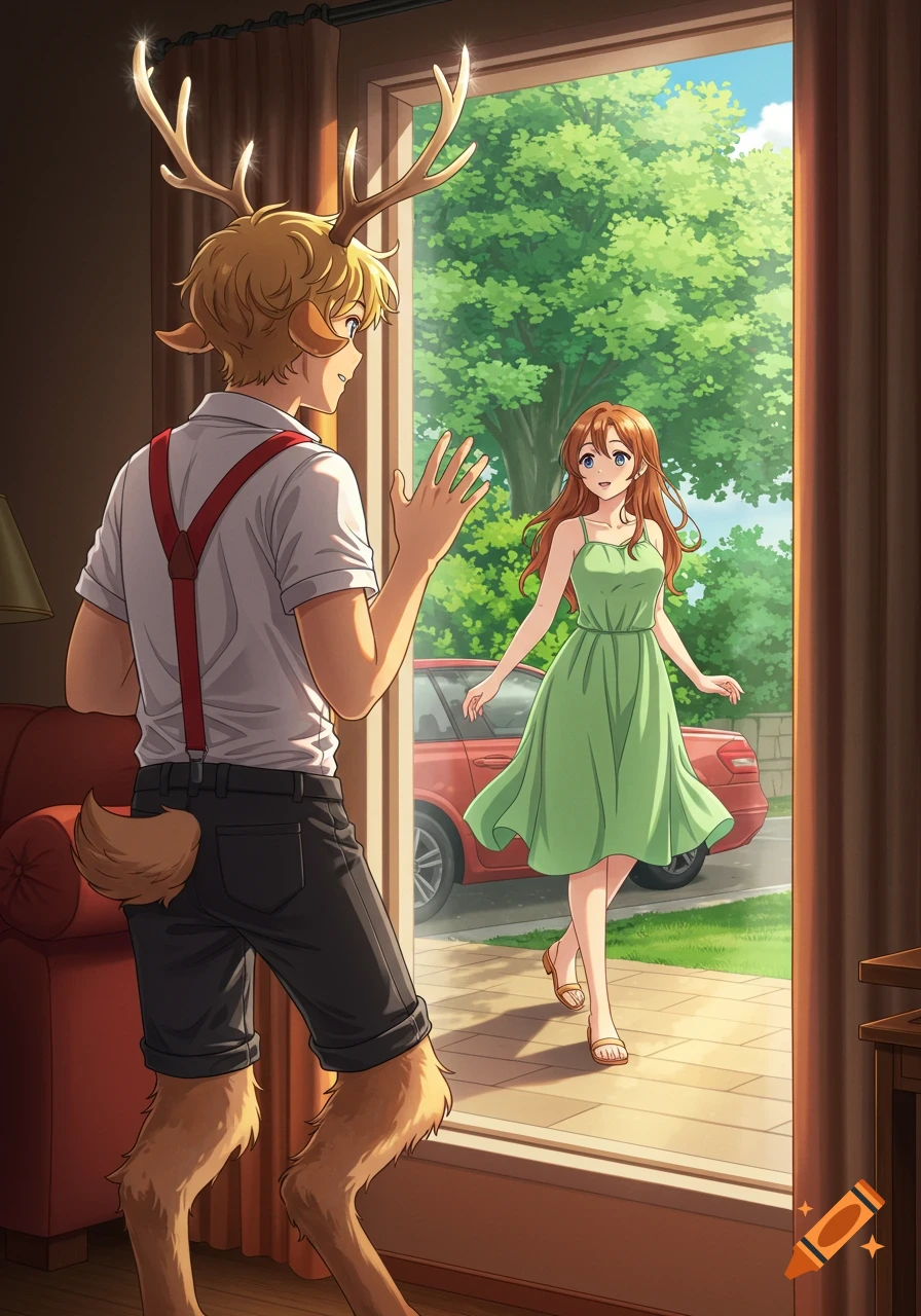 Anime illustration of a satyr man with antlers greeting his girlfriend in a green dress at his doorway.