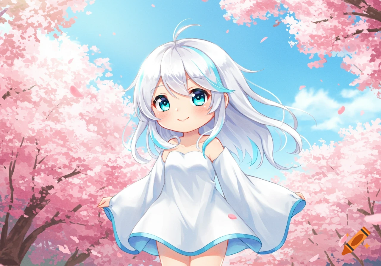 A cute anime girl with white hair and blue eyes, wearing a white dress, stands under blooming pink cherry blossom trees.