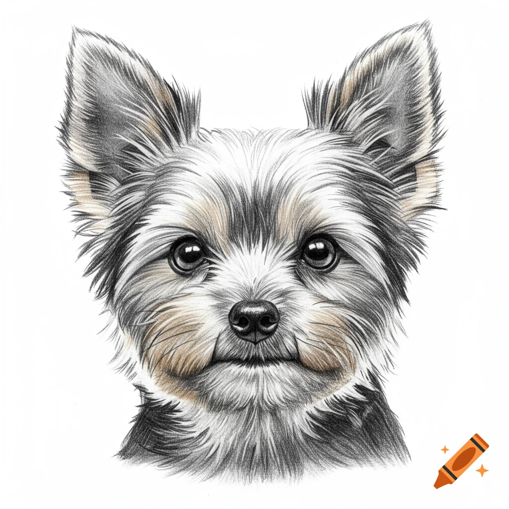 A detailed pencil drawing of a Yorkshire Terrier dog's headshot on a white background.