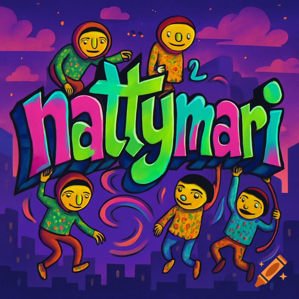 Colorful graffiti-style illustration of the word 'nattymari' with four whimsical, stylized characters in a city scene at night.