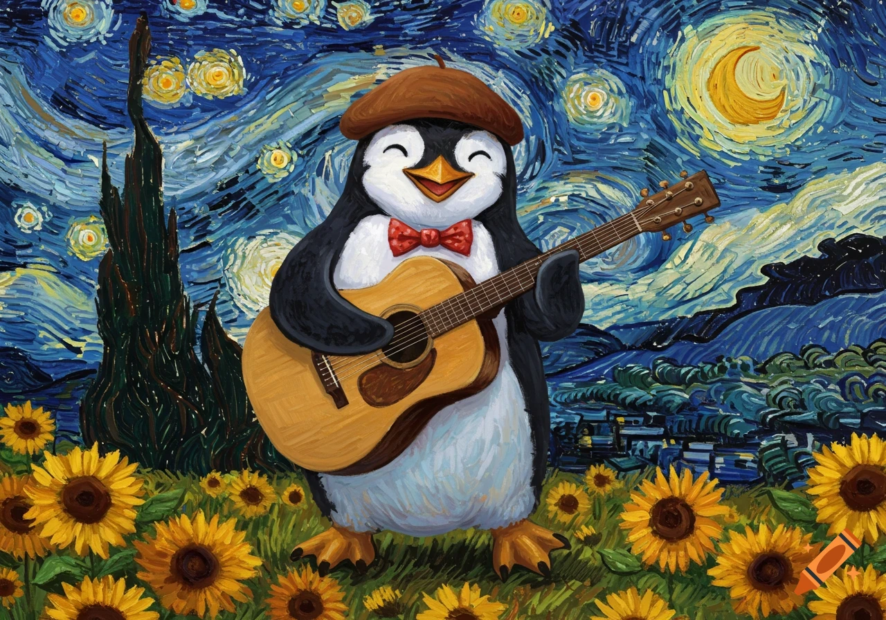 A cute penguin in a beret and a red bow tie plays an acoustic guitar in a vibrant Van Gogh-style painting with a starry night sky and sunflowers.