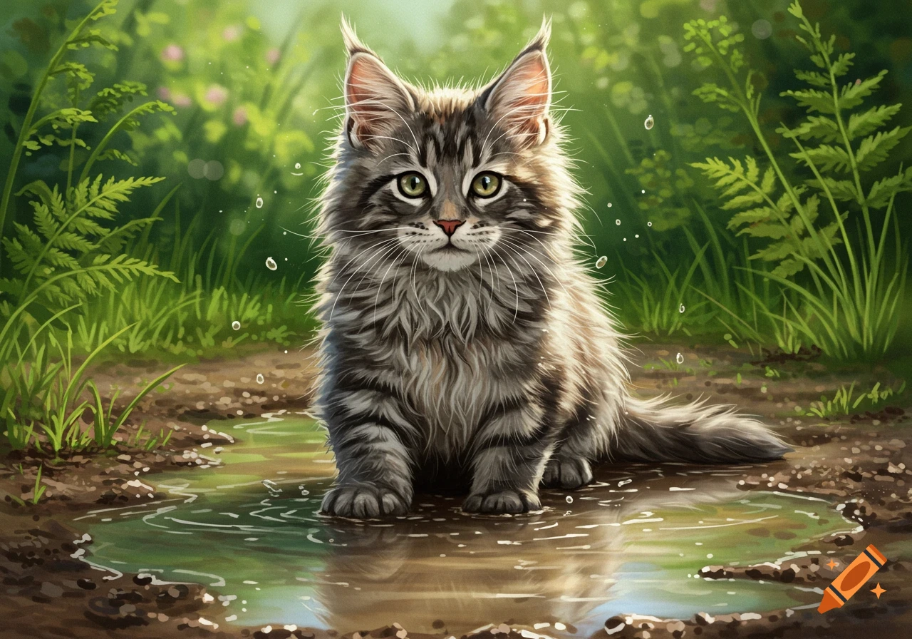 A fluffy gray Maine coon kitten sits in a muddy puddle in a lush green outdoor setting, looking directly forward.