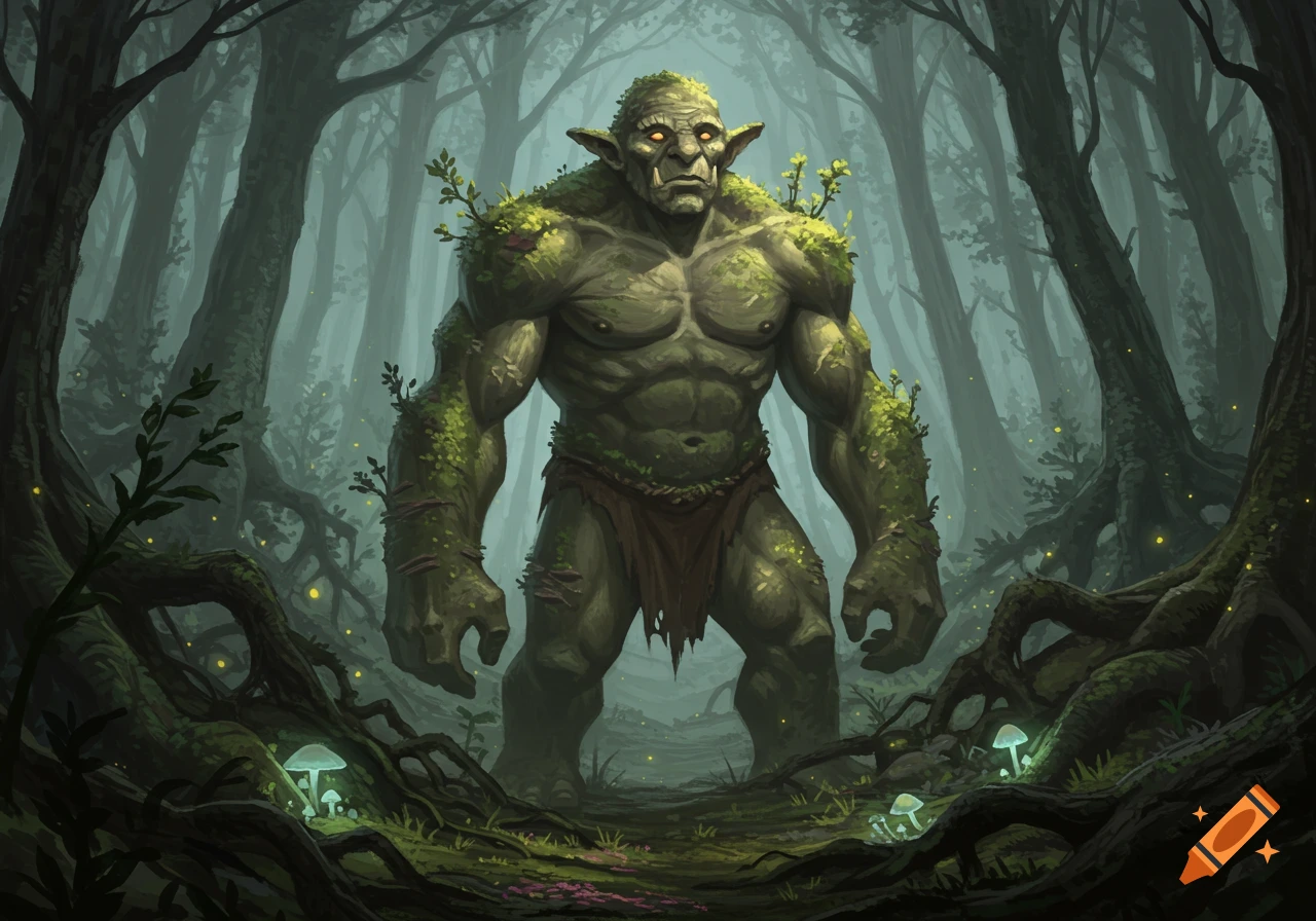 A large, muscular, moss-covered troll with glowing eyes stands in a dark, misty fantasy forest with luminous mushrooms.