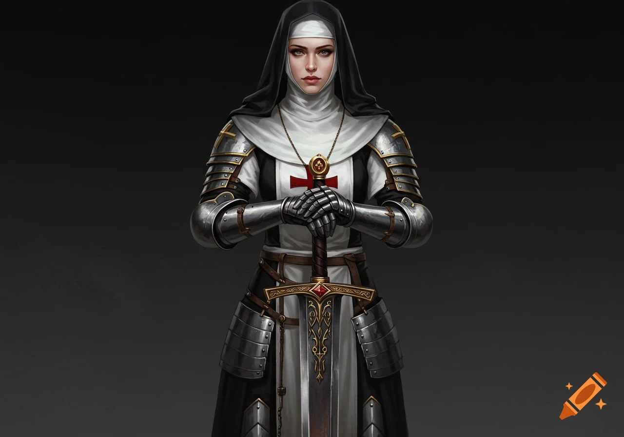 Digital art portrait of a warrior nun in armor and habit, holding a large ornate sword against a dark background.